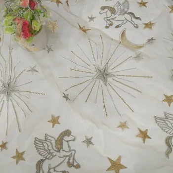 

1 yard mesh embroidered multi colors flowers lace fabric, stars moon and flying horse moon sky style embroidered lace fabric