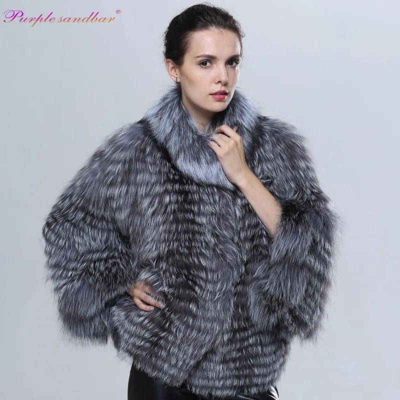Purple Sandbar Gorgeous Women Fur Coats Stripe Pure Silver Fox Fur ...