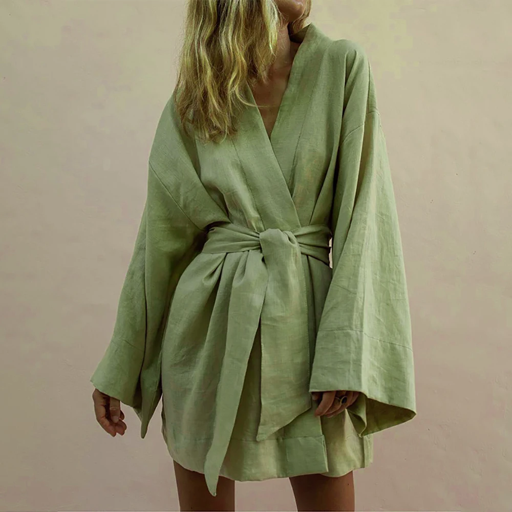 

2019 Women Summer Sexy Dress V-Neck Kimono Cardigan cotton line Dress Long Sleeve Sashes Lace Up High Waist Loose Dress Vestidos