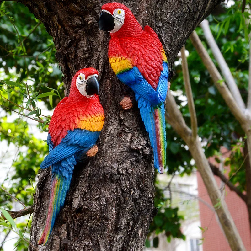 2x Parrot Statue Resin Bird Ornament Realistic Animal Decor Red Green 31cm