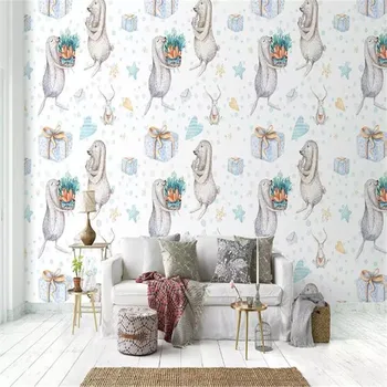 

Hand-painted watercolor cartoon rabbit couple high-grade wall cloth manufacturers wholesale wallpaper wallpaper photo wall