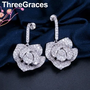 

ThreeGraces Famous Brand Cubic Zirconia Pave Rose Flower Zirconia Crystal Big Drop Earrings For Women ER038