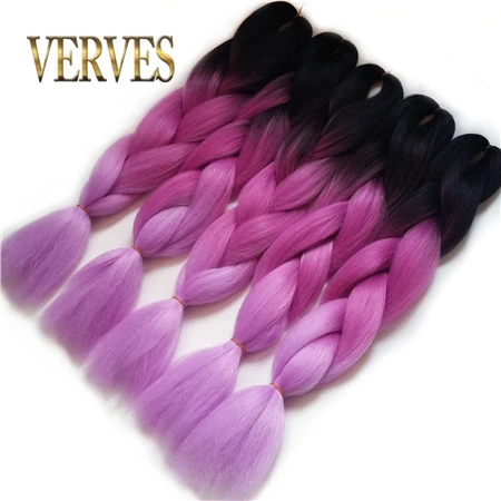 #1 VERVES, Омбре, плетение волос, 100 г/шт., 24 дюйма, 1 шт., синтетический, три, два тона, тепловое волокно, вязанное крючком, огромные косы, наращивание волос - Цвет: #1
