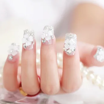 

24pcs/Set Press On Fake Nails for Bride Shimmer Nail Tips 3D Flower Glitter Crystal Fingernail Full Cover False build nails