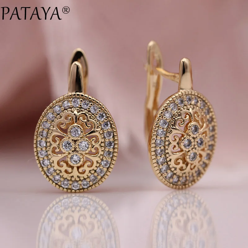 PATAYA New Micro Wax Inlay Hollow Drop Earrings Women Luxury Wedding Fashion Jewelry 585 Rose Gold Natural Zircon Flower Earring