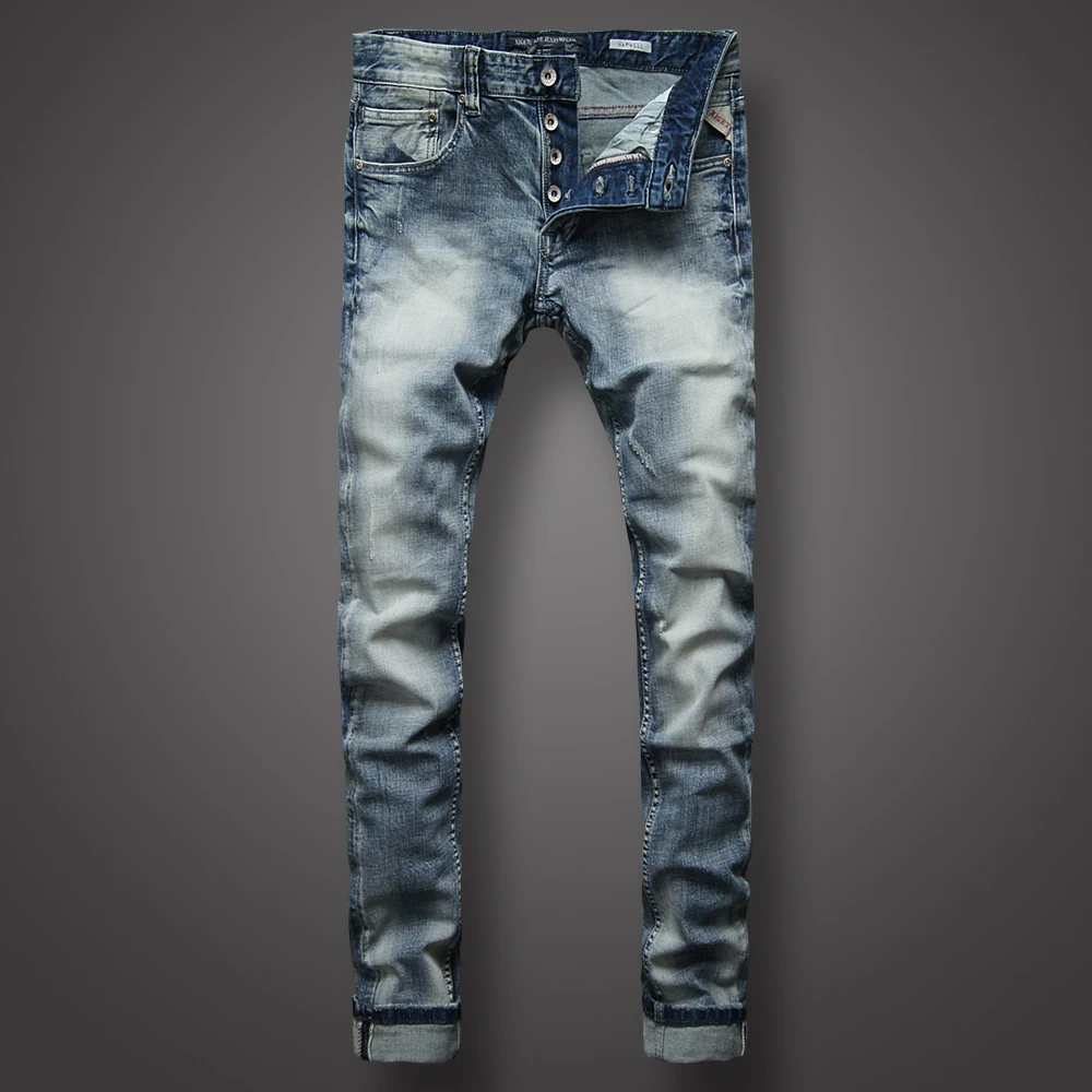 Barato Pantalones vaqueros de moda italiana para hombre, Jeans rasgados ajustados de algodón elásticos de diseño Vintage, color gris claro y azul rBwzJXwn