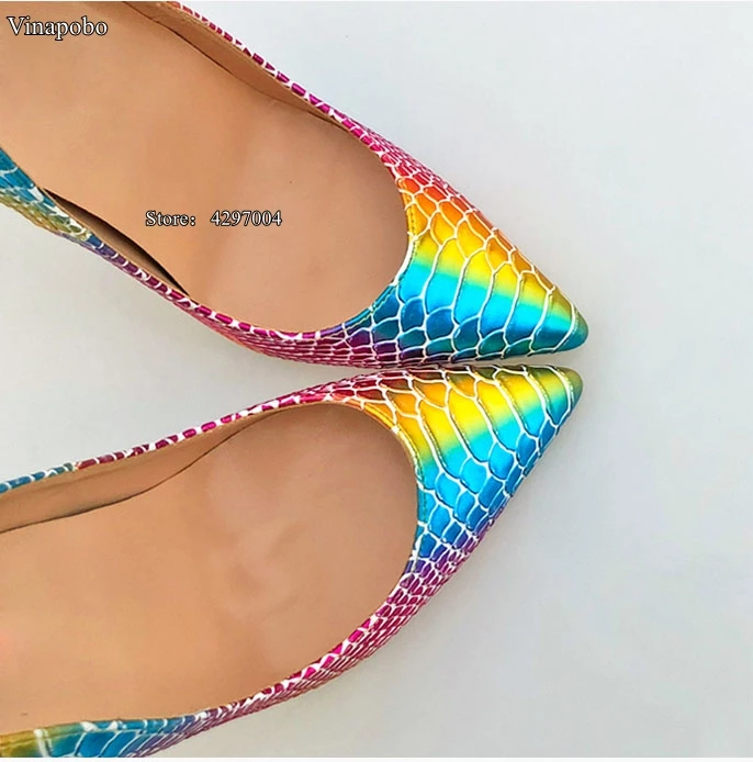 New Pointed Toe Shoes Women Colorful Rainbow Snake Printed Pumps 8/10/12cm High Heels Genuine Leather Stilettos Women Shoes