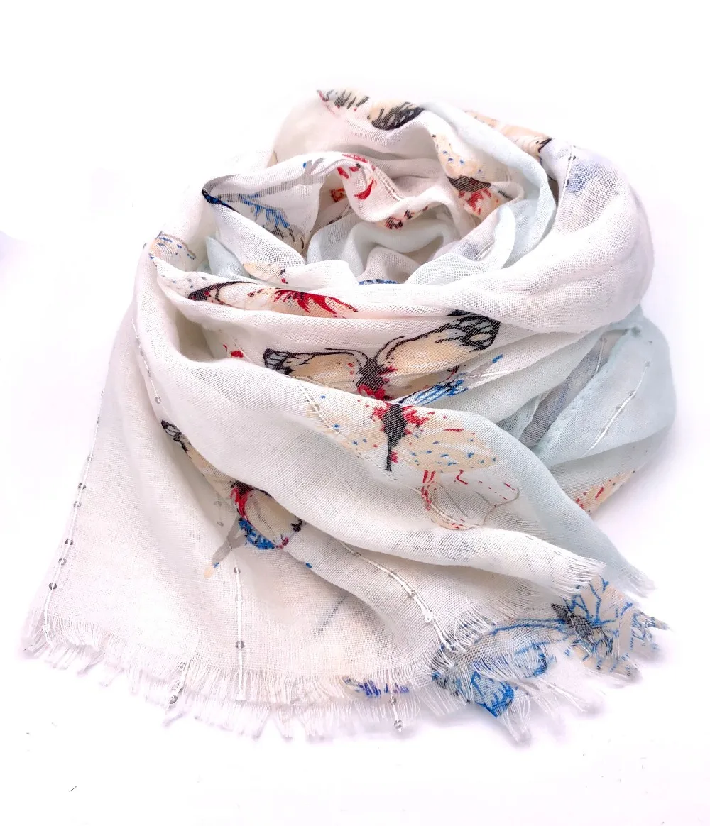 

White sequins embellishment butterfly printed scarf