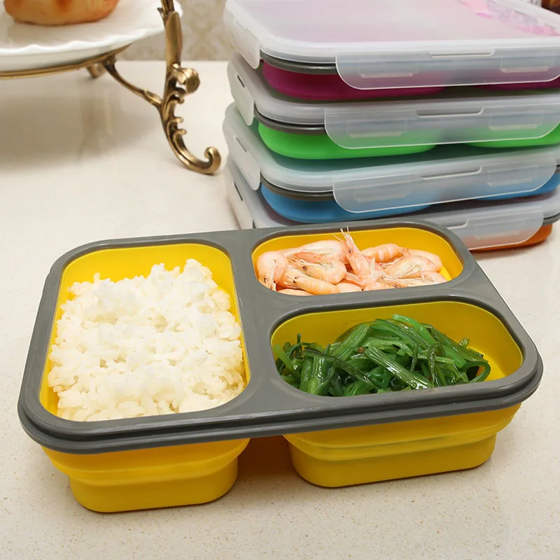

3 Cells Silicone Portable Collapsible Folding Bento Lunch Box with Lock Microwave Safe Bento Foldable Food Container For Kids