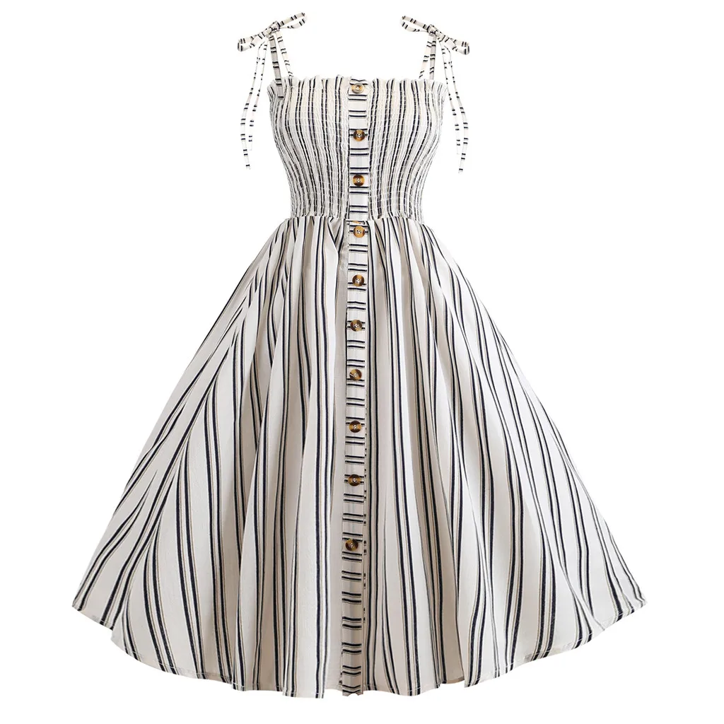 

FREE OSTRICH Dress Women Casual Sleeveless Stripe Print Button Evening Party Prom Swing Dress Women Dress Summer Lady