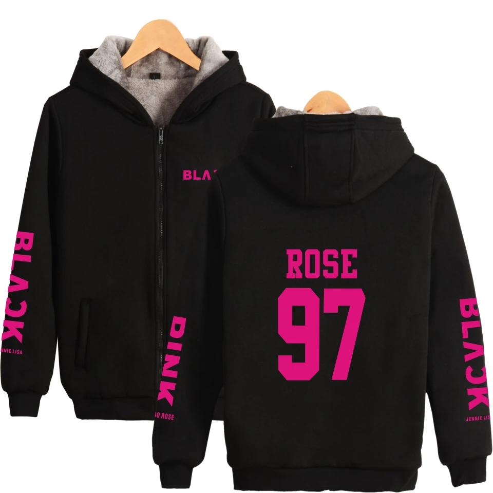  BLACKPINK Thick Hoodie Zipper with hat Women Fashion Kpop BLACKPINK Winter Warm Sweatshirt Zip-Up D