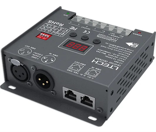 

LT-904; 4CH CV DMX Decoder;DC12-24V input;6A*4CH output; DMX512/RDM/3-pin XLR, RJ45