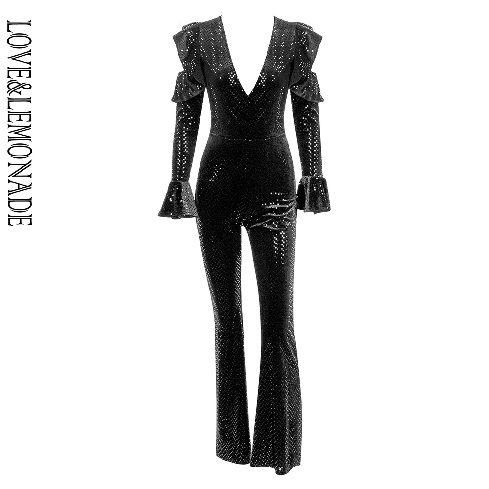 LOVE & LEMONADE сексуальный черный комбинезон с глубоким v образным вырезом и оборкой