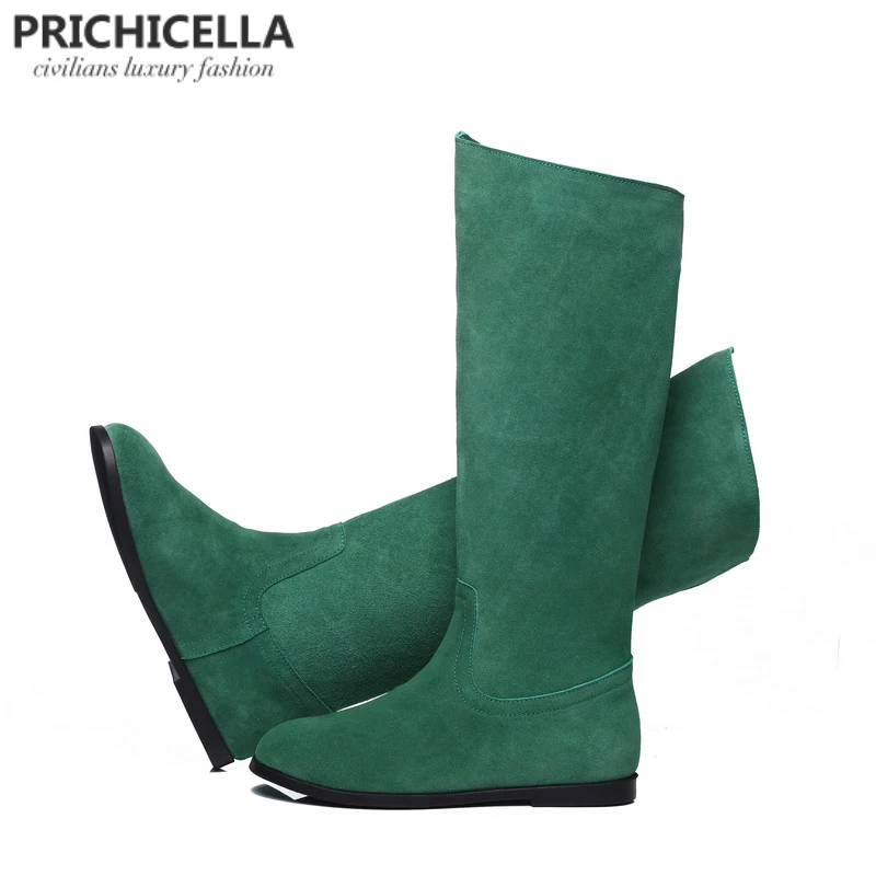 Cena PRICHICELLA oryginalne skórzane zamszowe buty do kolan damskie zimowe ciepłe wysokie botki pomarańczowe buty w kolorze zielonym