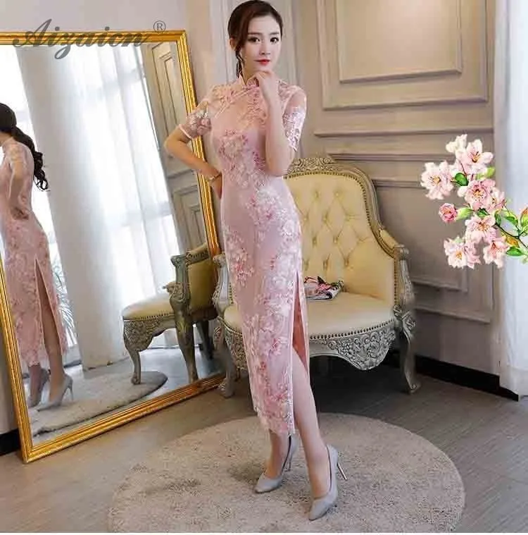 Чонсам Чино, vestido Qipao vestido bordado de encaje de color rosa Qi Pao Chinoies tradicionales vestidos de las mujeres