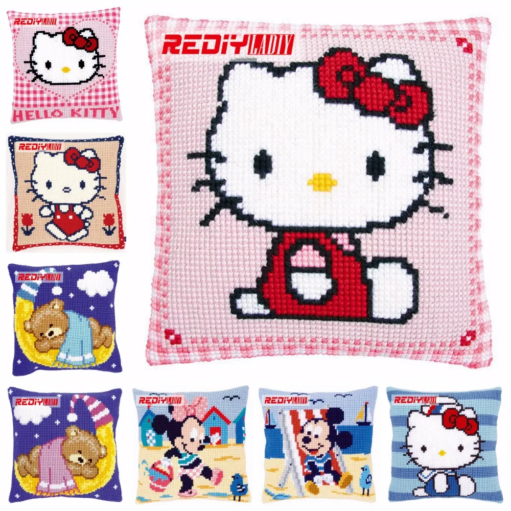 

LADIY Cross Stitch Cushion Cover PINK KITTY Decorative Pillow Case DMC Counted Cross-Stitch Set Cushions Home Decor BEAR Pillows