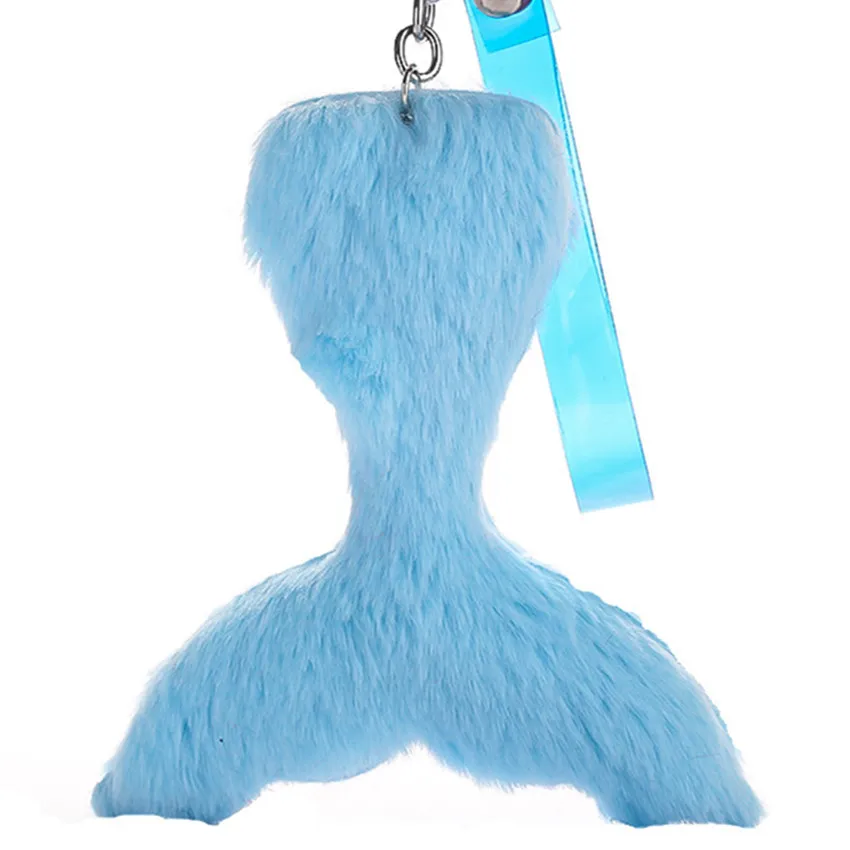 

Cute Fish Tail 12 Colors Pompom Keychain Fluffy Artificial Rabbit Blue Leather Key Chain Gifts for Women Car Kids Bag Jewelry