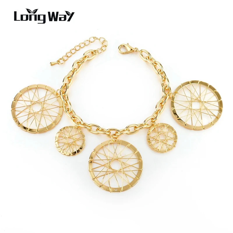 

LongWay Bohemian Gold Color Mesh Bracelet Female With Round Pendant Women Bracelet Link Chain Jewelry Sbr160107