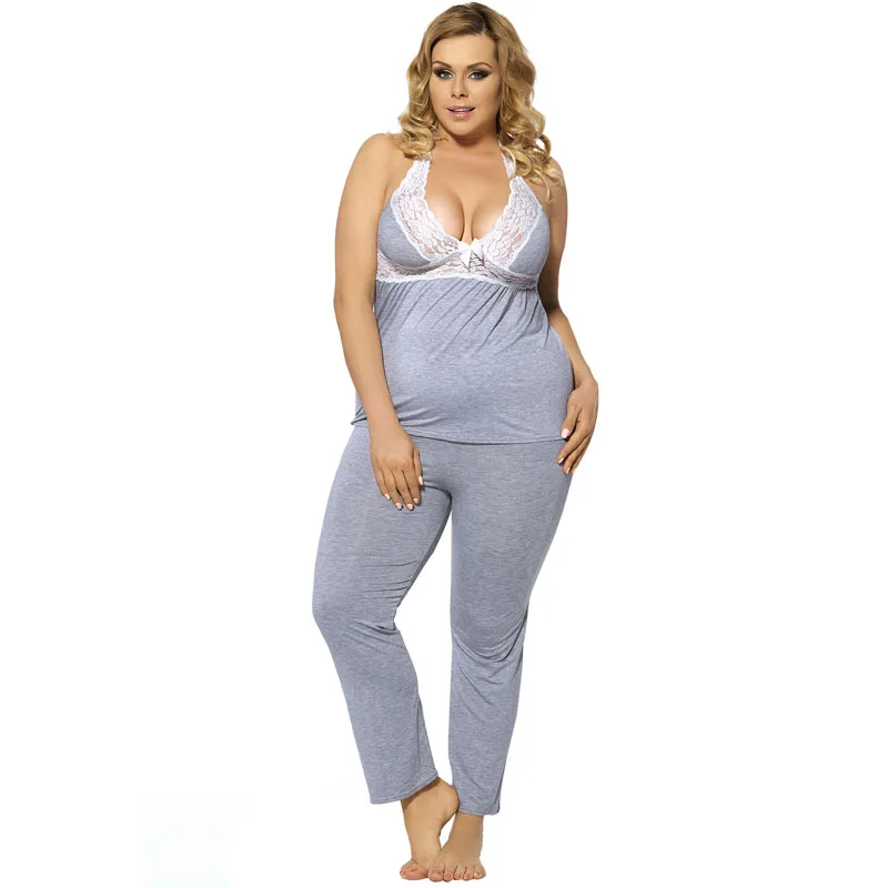 

2018 New S-3XL Plus Size Women Sexy Lace Lingerie Nightdress Leisure necks Clothes Temptation Backless Pajamas+Trousers 41R80160