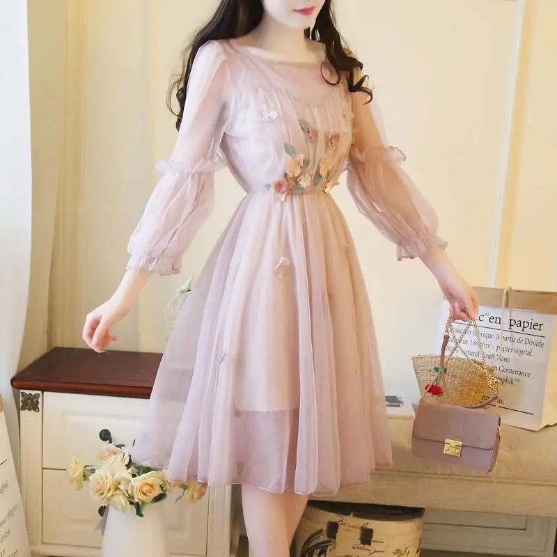 

Lace Dress Girls Party Dress Mesh Embroidery Jurken Spring Summer Clothes For Women O Neck Dresses Beige Pink Sweet Dress Girls