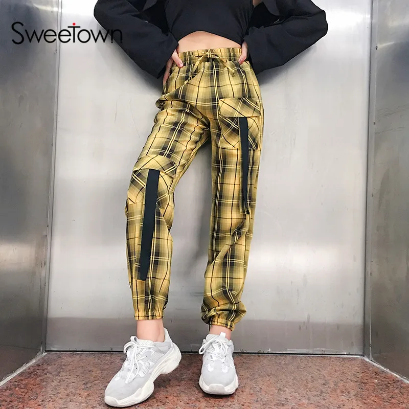 Sweetown уличный стиль клетчатые брюки карго женские эластичные с высокой талией мешковатые штаны для бега с карманами женские брюки хиппи уличная одежда