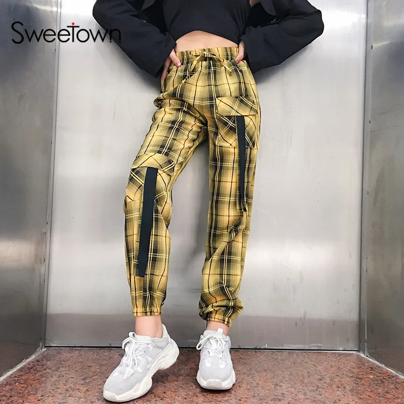 Achat Sweetown Street Style pantalon Cargo à carreaux femmes élastique taille haute pantalon de survêtement ample poches femmes Hippie pantalon Streetwear