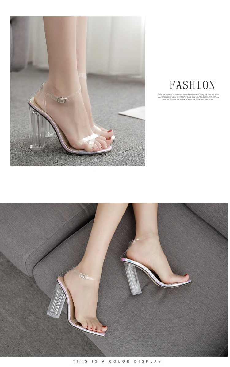 Aneikeh Women Sandals Ankle Strap Perspex High Heels PVC Clear Crystal Concise Classic Buckle Strap High Quality Shoes size35-42