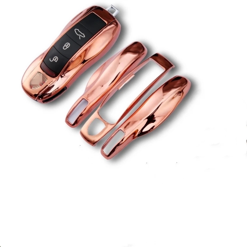 

3pcs Mirror Rose Gold Car Fob Remote Key Case Key Cover Key Shell Replace for Porsche Boxster Cayman 911 Panamera Cayenne Macan
