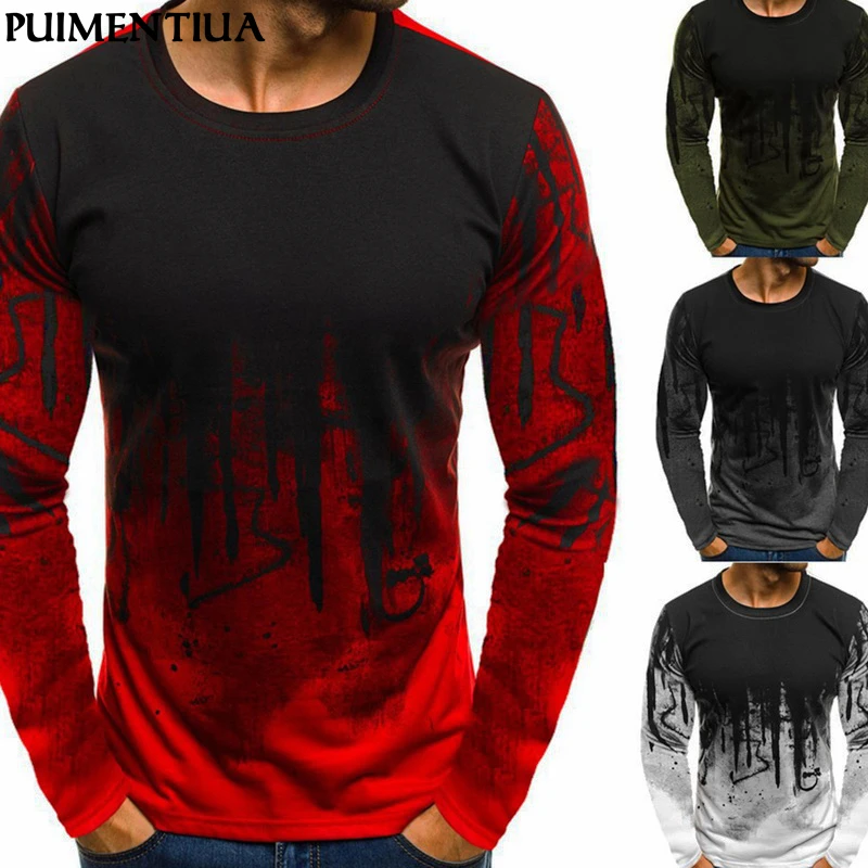 

2019 Spring Men's Fashion Slim Fit T-shirt Camouflage Print O Neck Long-sleeved Tee Male Basic Casual Workout Tops