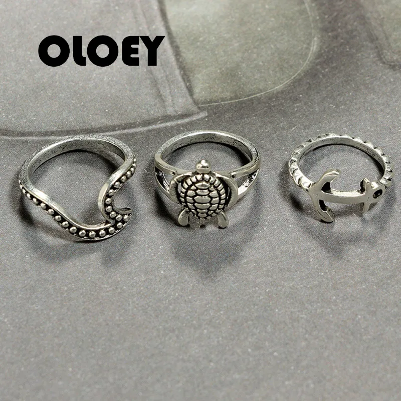 OLOEY 8Pcs/Set Shell Sea Turtle Shark Dolphin Tail Anchor Alloy Silver Rings For Women Unisex Charm Ring Set Jewelry Anillos