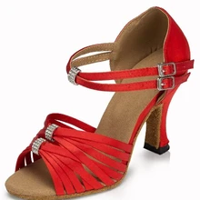 Новые женские красные атласные стразы пряжки Сальса; бальные танцы; Танго танцевальная обувь латинский танец танцевальная обувь всех размеров