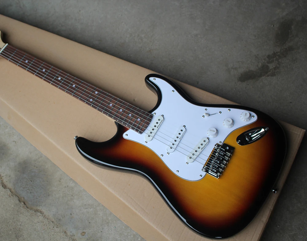 

Factory Custom Tobacco Sunburst Electric Guitar with White Pickguard,Chrome Hardwares,Rosewood Fretboard,Offer Customized