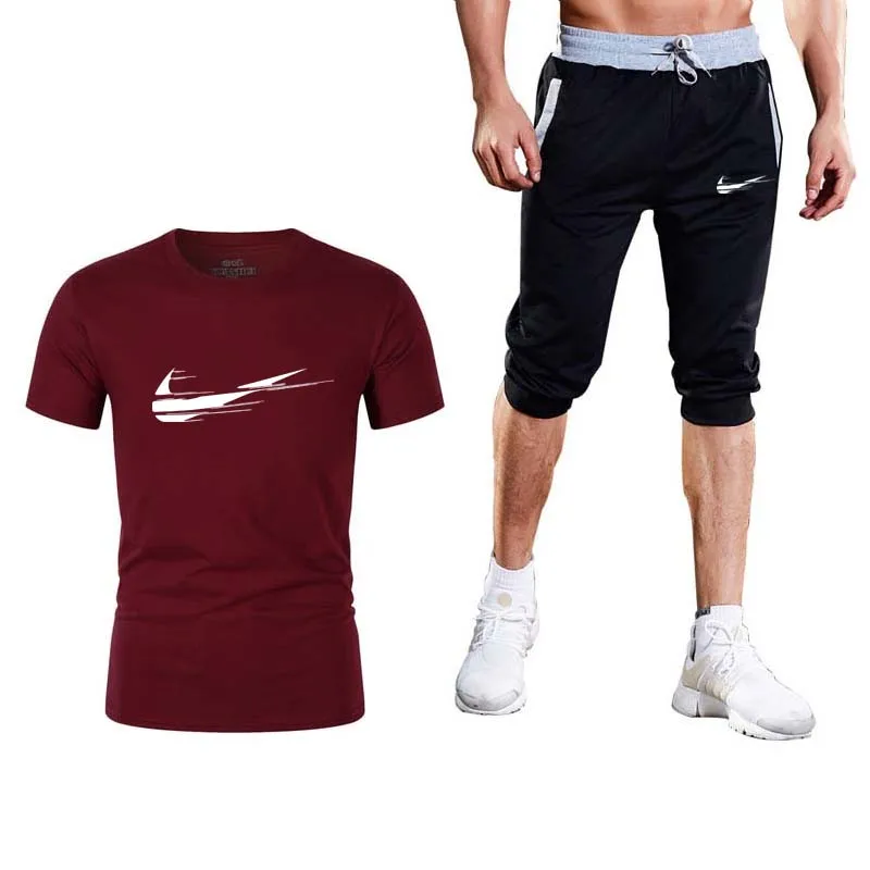 2019 Новая мужская футболка высокого качества, костюм из 2 предметов, Повседневная футболка с коротким рукавом и круглым вырезом, Модная