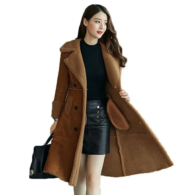 

Long Faux Sheepskin Coat Winter Fashion Women Leather Suede Jacket Clothing Warm Ladies Faux Sheepskin Lamb women wool coat