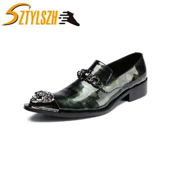 

Men Dress Shoes Fashion Style Man Genuine Leather Wedding Shoes Social Male Metal toe Slip-On Patent leather Shoes Zapatillas