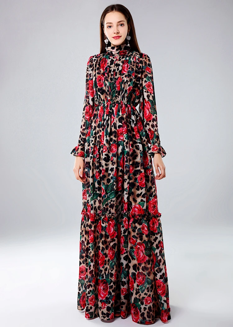 MoaaYina, модное дизайнерское Макси-Платье, женское, с длинным рукавом, сексуальное, леопардовое, с принтом розы, элегантное, длинное платье, вечерние, праздничное платье