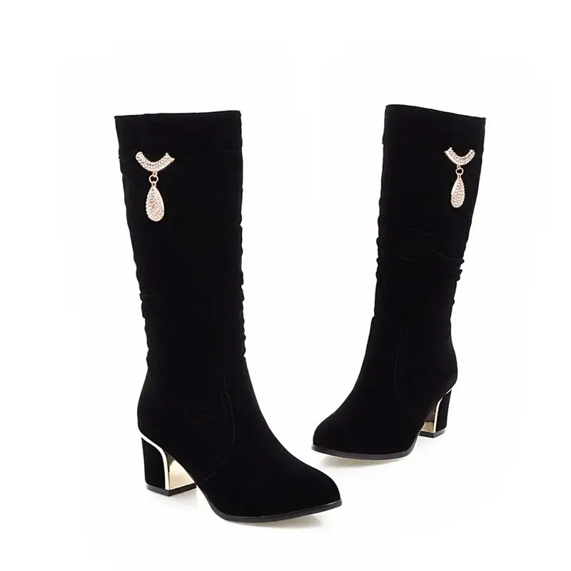 Женские зимние ботинки из натуральной кожи нубук круглый носок квадратный каблук женская теплая обувь размеры 34–43 - Цвет: Черный