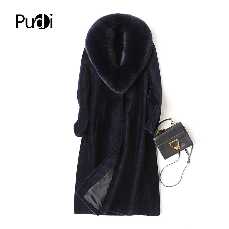 

PUDI A17030 women's winter warm genuine fox fur hood winter warm coat Real wool Long coat jacket overcoat