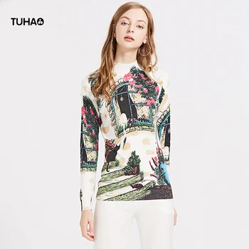 

TUHAO Fashion Printed Half-high Collar Knitted Shirts Autumn Winter Slim Long-sleeved Women's Sweaters Casual Tops TH1907
