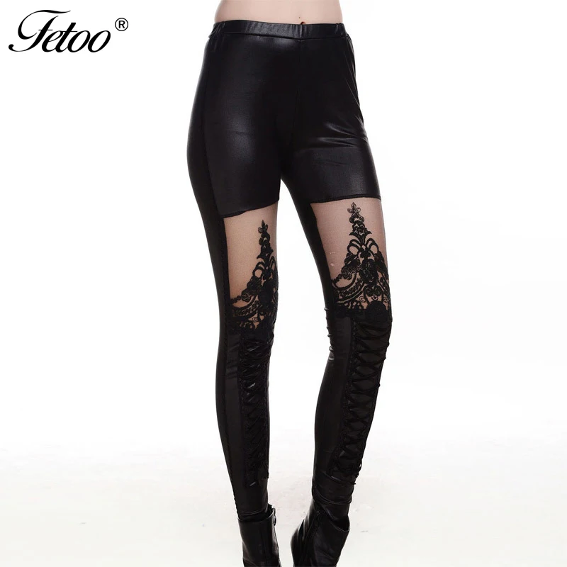 New Punk Mesh Patchwork Leggings Lace Up Skinny Lace Sexy Embossed