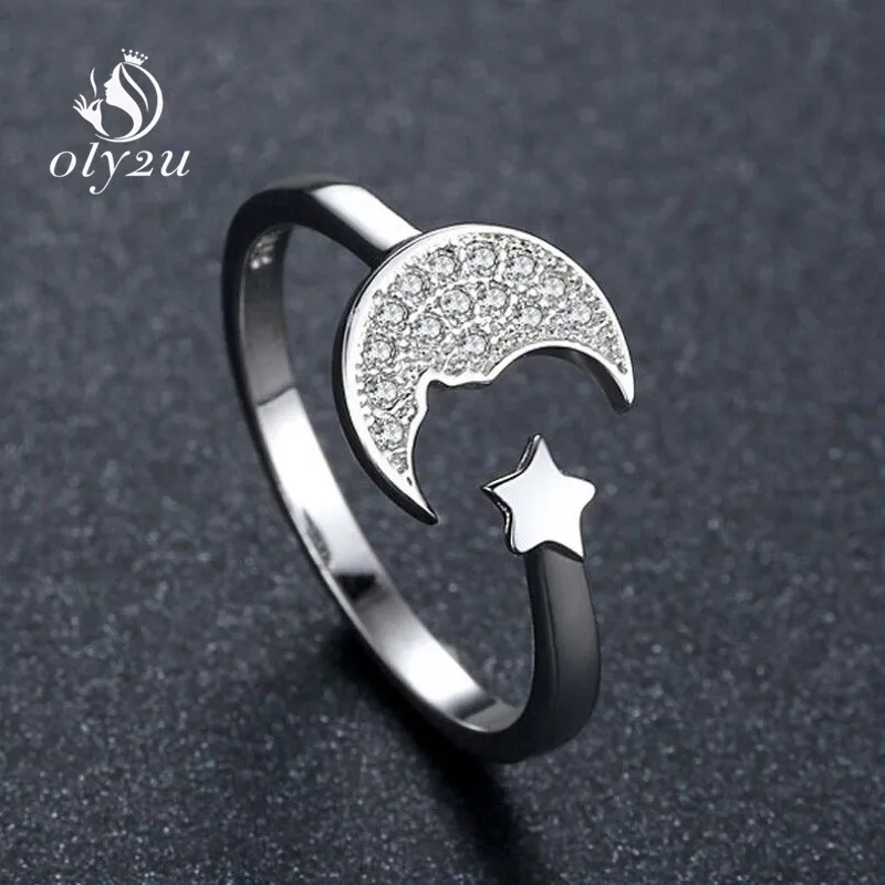 Oly2u Boho Регулируемые кольца на палец Луна и звезда кристалл Открытые Кольца для
