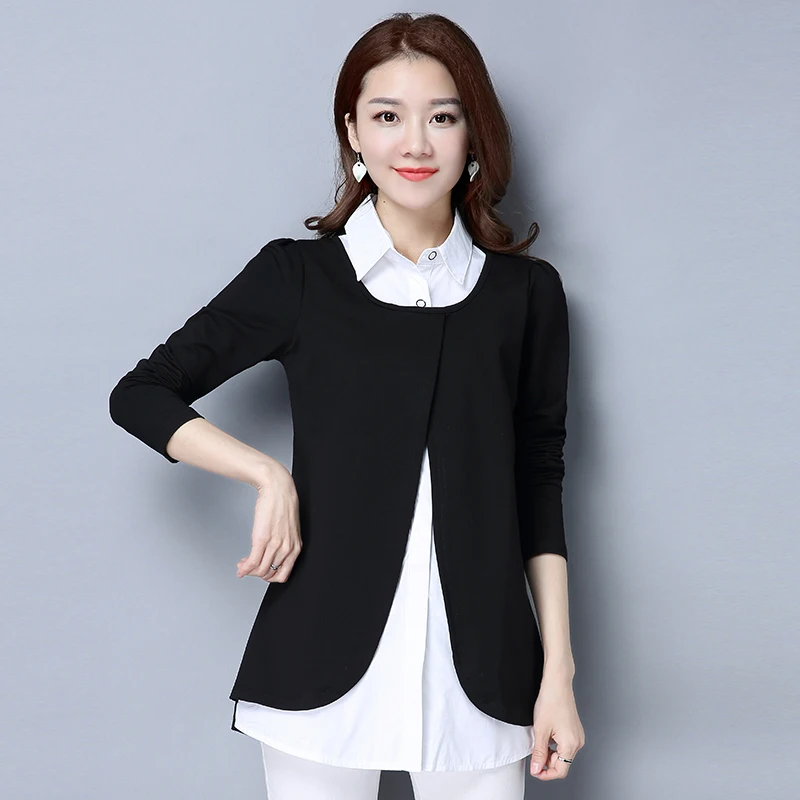  M-4xl Cotton Blusas Women Fake Two Pieces Long Blouse Shirt Plus Size Autumn Office Elegant Casual 