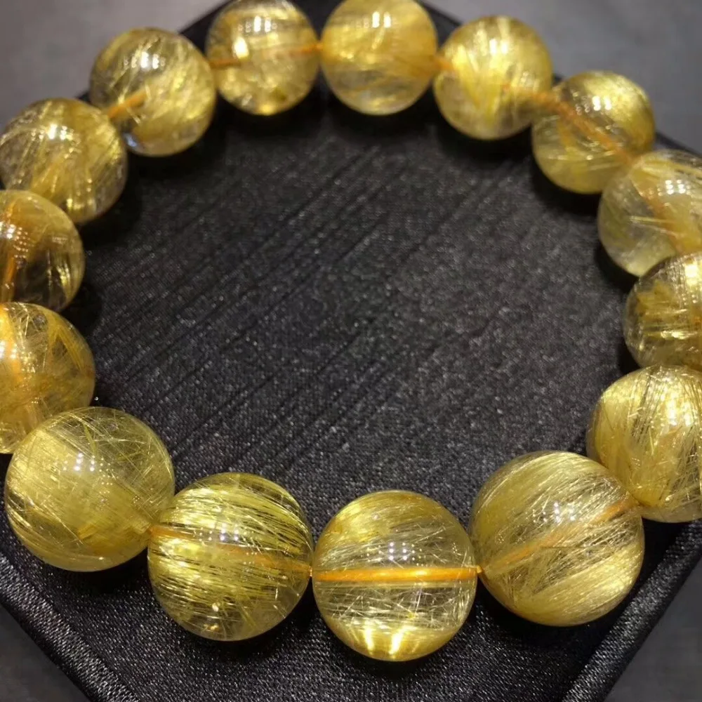 

Drop Shipping 15mm Genuine Natural Gold Rutilated Quartz Crystal Round Bead Stretch Bracelets For Women Men Certificate AAAAA
