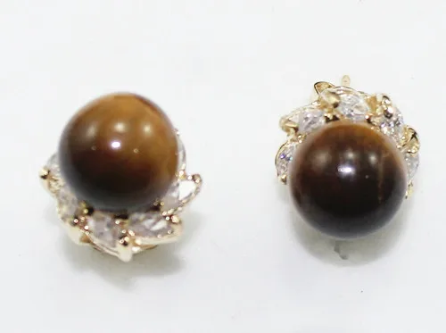 

wholesale lady's new jewelry 10mm tiger eye stone 18kgp crystal inlay stud earrings new