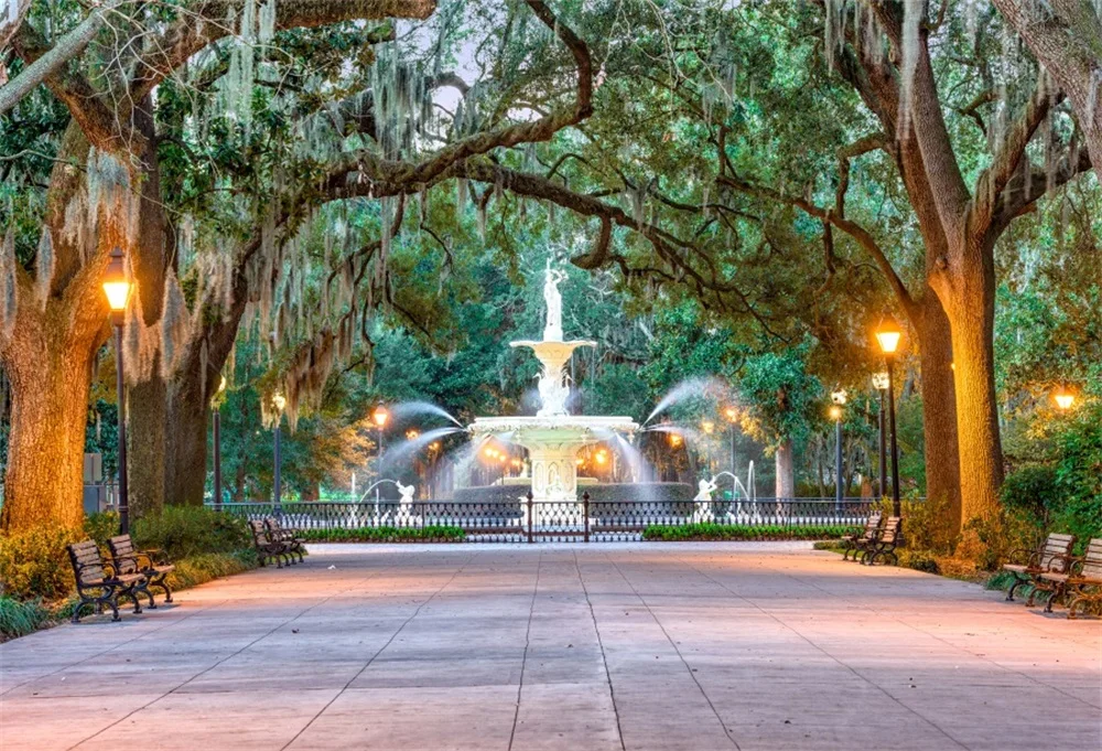 

Laeacco Park Old Trees Fountain Square Bench Scenic Photography Backgrounds Customized Photographic Backdrops For Photo Studio