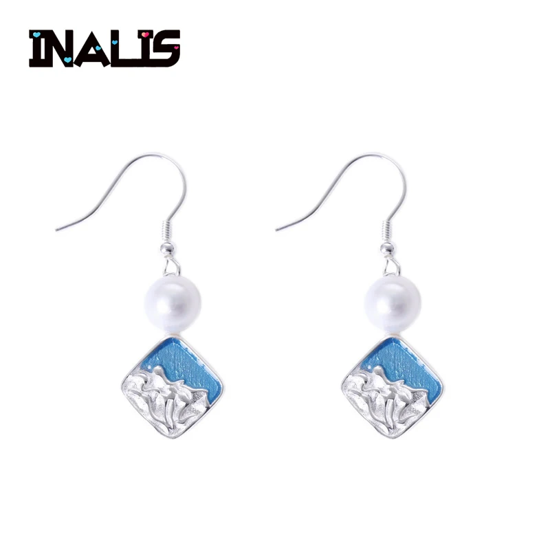 

INALIS New Real 925 Sterling Silver Statement Ear Hook Fine Jewelry Natural Pearl with Square Dangle Drop Earrings for Women