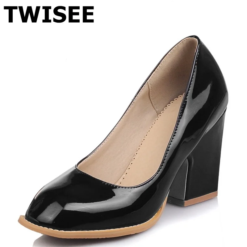 

black pink red whiter Square Toe shoes Square heels 8 cm spring pumps pu leather chaussure femme women high heels shoes