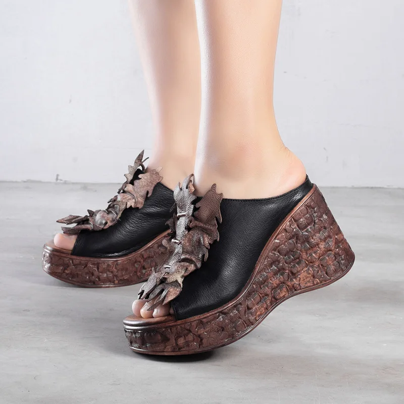 

Women Leather Slippers 8 Cm Supper High Heels Wedge Slippers Women Summer Genuine Leather Retro Shoes Peep Toe 2019 Handmade