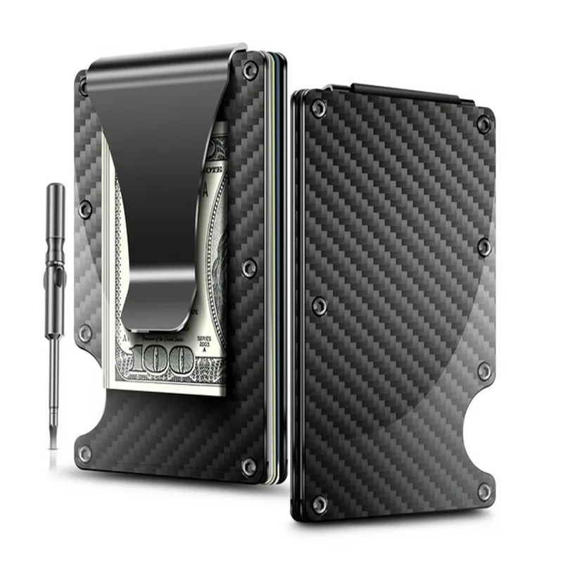 

MOONBIFFY,Carbon Fiber Wallet Metal Mini Slim Wallet Men's Credit Card ID Holder With RFID Anti-chief Card Wallet