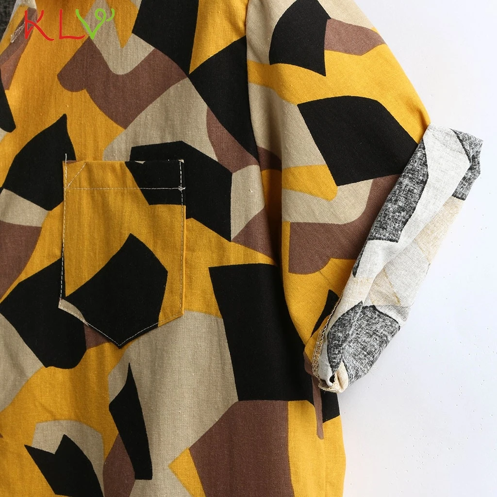 Blouse Shirt Men Linen Summer Hawaiian Print V Neck Top Short Sleeve Casual Harajuku Camisa Hombre Streetwear Clothes 19Jun